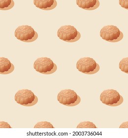 Seamless pattern of moon cakes on light yellow background. Mid-autumn festival illustration for wallpaper, fabrics, textiles, prints, wrappers, curtain.  