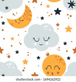 seamless pattern with moon and cloud on white background - vector illustration, eps