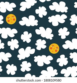 Seamless pattern with moon and clouds on deep blue background. Modern design for fabric and paper, surface textures.