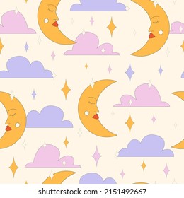 Seamless pattern with moon and clouds, Pop Color Style Flat Design 70s. Cool trendy retro of hipster retro cool psychedelic elements. Trend vector illustration.