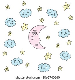 Seamless pattern with moon and clouds and stars.