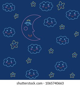 Seamless pattern with moon and clouds and stars.