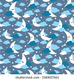 Seamless pattern moon clouds and stars night background