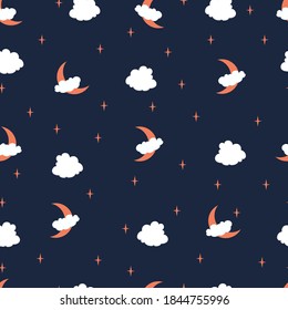 
Seamless pattern with moon, clouds and stars in a simple cartoon style on a blue background.