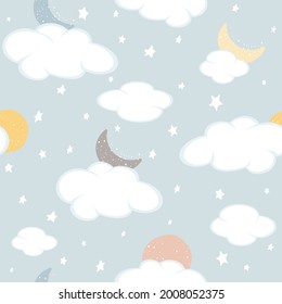 Patrón sin foco con luna, nubes y estrellas de fondo azul. La ilustración puede utilizarse para el diseño de ropa para niños, papel tapiz, rellenos de patrones, fondo de página web, papel de envoltura, cubierta, tarjetas