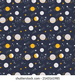 Seamless pattern with moon, comets, planets and stars. Fabric print. Vector illustration.