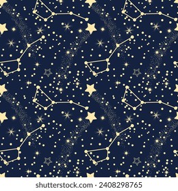 Seamless pattern, moon, constellations, stars and scattering of stars on a background of the night sky. Background, textile, vector