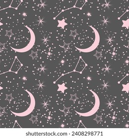 Patrón sin foco, luna, constelaciones, estrellas y dispersión de estrellas en un fondo del cielo nocturno. Fondo, textil, vector