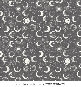 Seamless pattern with the Moon and crescent. Can be used for wallpaper, pattern fills, textile, web page background, surface textures