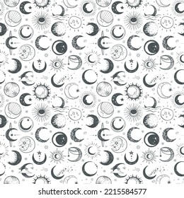 Seamless pattern with the Moon and crescent on white background. Can be used for wallpaper, pattern fills, textile, web page background, surface textures