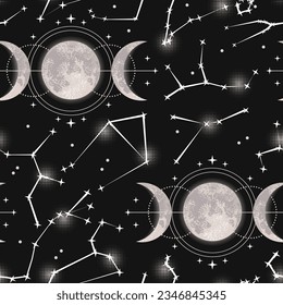 Seamless pattern with moon, crescent, stars, triple moon sign, zodiacal constellations. Wicca moon goddess symbol. Astrology, alchemy, boho, magic, mystery concept. Black background