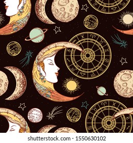 Seamless pattern. Moon face sun and crescent. Zodiac circle. Comets, planets and stars. Space. Engraving style. Astrology. Vintage background.