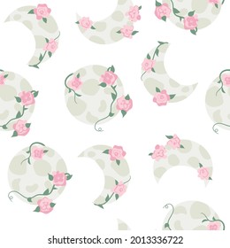 Seamless pattern with moon and flowers. Vector background. Moon phases and pink roses.