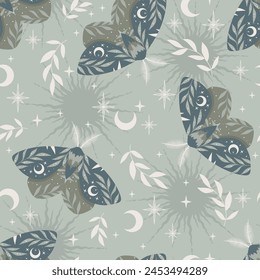 Seamless pattern with moon moths. Boho magic background with space elements, stars, crescents. 