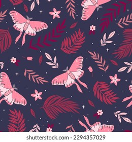 Seamless pattern with moon moths, flowers and leaves. Vector graphics.