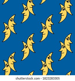 Seamless pattern with moon on bright blue background. Vector image. 
