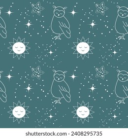 Seamless pattern, moon, owls, stars and constellations on a background of the night sky. Space background, textile, vector