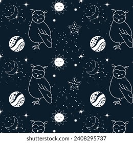Seamless pattern, moon, owls, stars and constellations on a background of the night sky. Space background, textile, vector