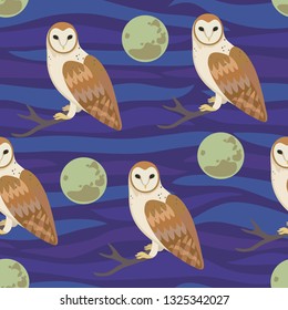 Seamless pattern with moon and owls. Vector illustration