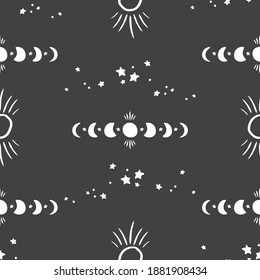 Seamless pattern with moon phases, boho symbols, stars, sun isolated on black. Mystical vintage background for wrapping paper, printing on fabrics, Wallpaper. vector illustration
