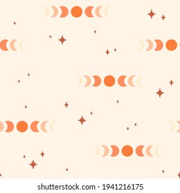 Seamless pattern with moon phases. Boho wall art. Trendy texture for print, textile, packaging.