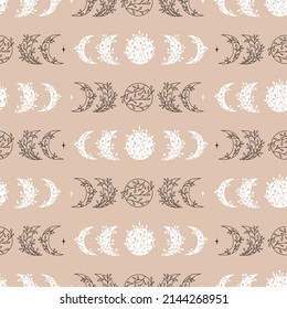 Seamless pattern of moon phases with floral elements. Vector astronomy Illustration.