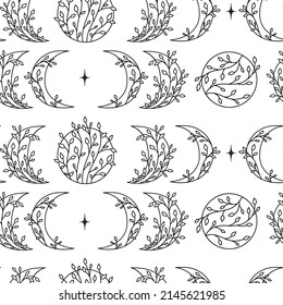 Seamless pattern of moon phases with floral elements. Vector astronomy Illustration.