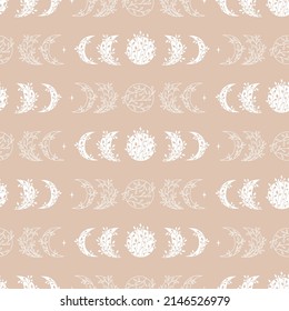 Seamless pattern of moon phases with floral elements. Vector astronomy Illustration.