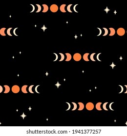 Seamless pattern with moon phases on black background. Boho wall art. Trendy texture for print, textile, packaging.