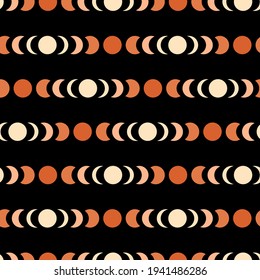 Seamless pattern with moon phases on black background. Bohemian art. Vector illustration. Trendy texture for print, textile, packaging.