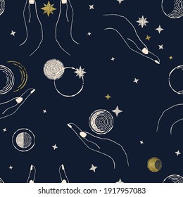 seamless pattern with moon phases, stars and hands