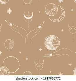 seamless pattern with moon phases, stars and hands