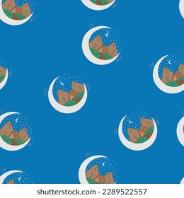 Seamless pattern with moon phases, stars. Vector astronomy Illustration.