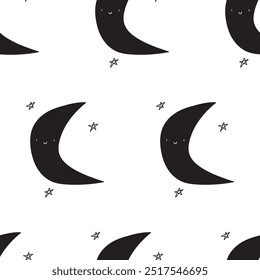 Seamless pattern. Moon silhouette. Kids design. Hand drawn illustration on white background.