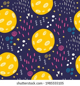 Seamless pattern with moon and starry sky. Vector illustration with space, stars, space objects, and the moon. Flat doodle style. Design of the children's room of the young cosmonaut.