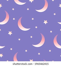 Seamless pattern with moon and stars. Blue backround. Violet, purple, pink and white gradients. Cartoon style. For kids design. Post cards, textile, wallpaper, scrapbooking, wrapping paper and nursery