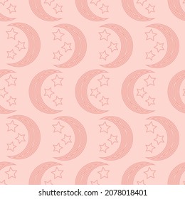 Seamless pattern with moon and stars in boho style. Line art in pastel color. Mystical background. Modern design for print on fabric, wrapping paper, card, wallpaper, packaging. Vector illustration 