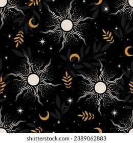 Patrón sin foco con luna y estrellas. Vector espacial Boho. Ilustración para tarjeta de felicitación, invitación, papel pintado, papel de embalaje, tela