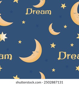 Seamless pattern with moon and stars for children room and nursery