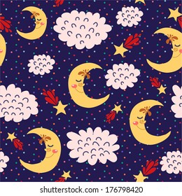 seamless pattern with moon, stars and clouds