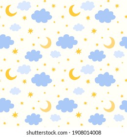 Seamless pattern with moon, stars and clouds.