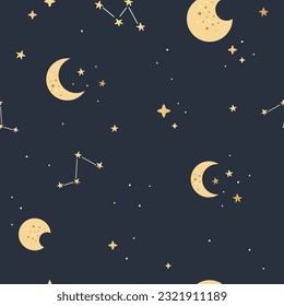 Seamless pattern with moon, stars, constellations. Starry night flat background.