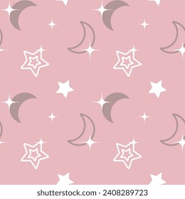 Seamless pattern, moon, stars and constellations on a gentle background. Space background, children's textile, vector