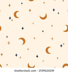 Seamless pattern with moon and stars.  Contemporary  composition. Boho wall decor. Mid century art print. Trendy texture for print, textile, packaging.