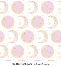 Seamless pattern with moon and stars. Moon and stars flat style. Baby print. Pattern for textile, background or wrapping paper.