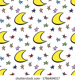 Seamless pattern with moon and stars. Hand drawn vector illustration in doodle style on a white background.