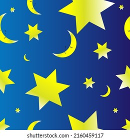 Patrón sin foco con luna y estrellas. El espacio del cielo nocturno cosmos texturado fondo vectorial en blanco y marina.