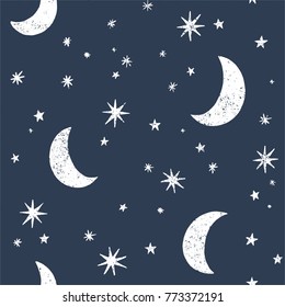 Seamless pattern with moon and stars. Night sky space cosmos textured vector background in white and navy. 