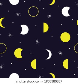 Patrón sin foco de luna y estrellas de fondo oscuro. Ilustración vectorial del fondo nocturno de repetición abstracto. Fondo del cielo nocturno. 