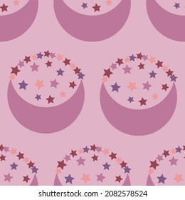 Seamless pattern with moon and stars on pink background. Cute backdrop in pink harmonious colors. Modern design for print on fabric, wrapping paper, card, wallpaper, packaging. Vector illustration